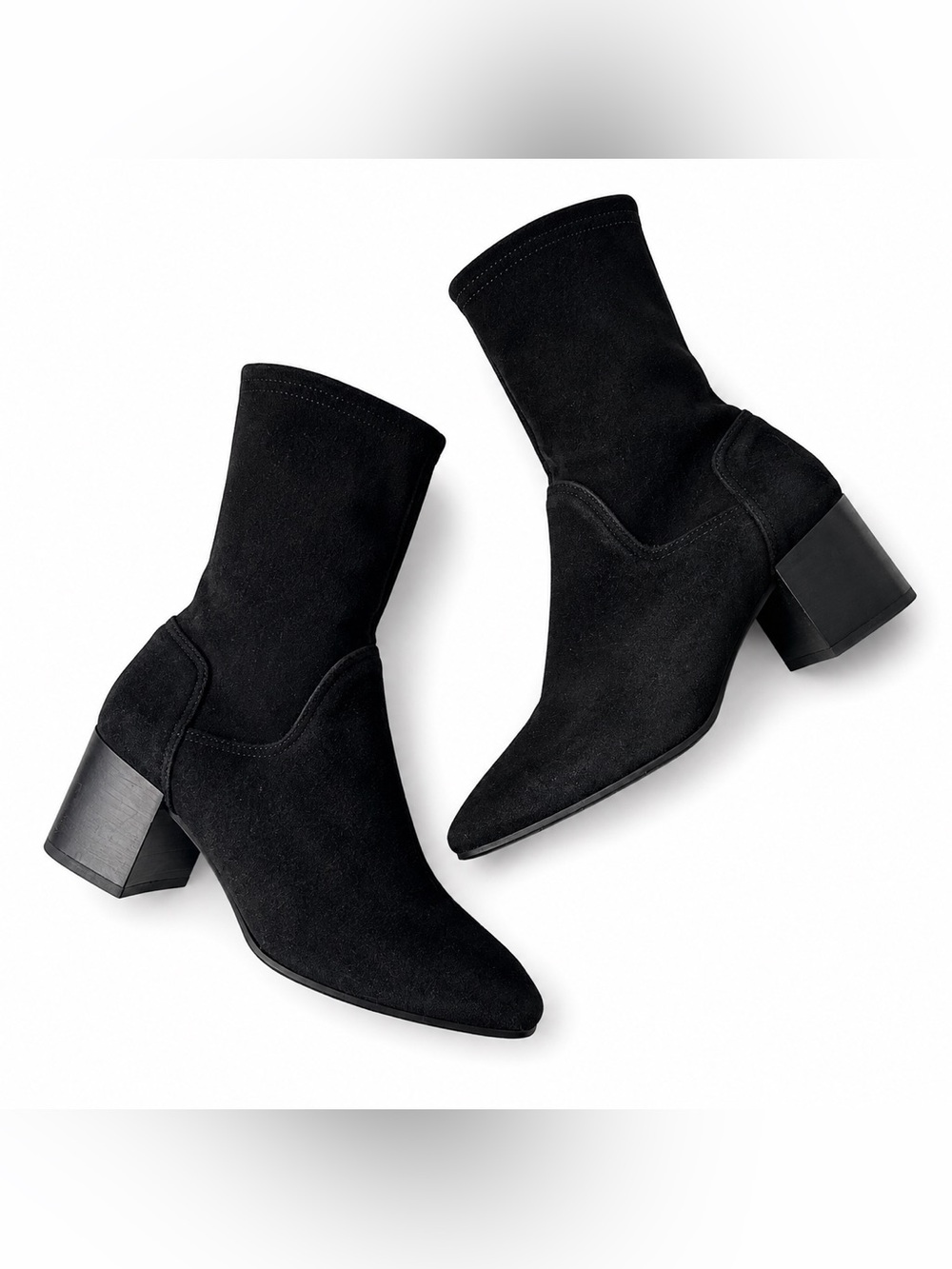 Aquatalia Black Suede Stretch Ankle Boots Block Heel Size 7 Made in Italy